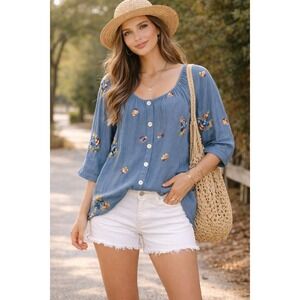 Fig Flower Womens Top L Blue Embroidered Floral Button Up Peasant Cottagecore